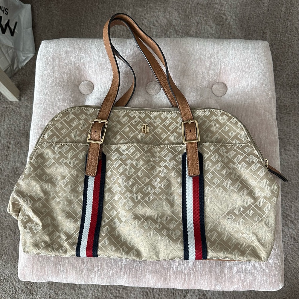 Tommy Hilfiger Beige Logo Tote with Red, White & Navy Straps